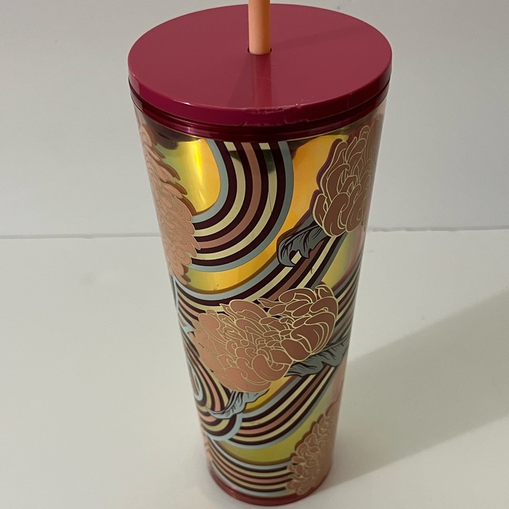 Starbucks 2024 Floral Holiday Metallic Gold and Pink Tumbler 24 oz w/ straw
